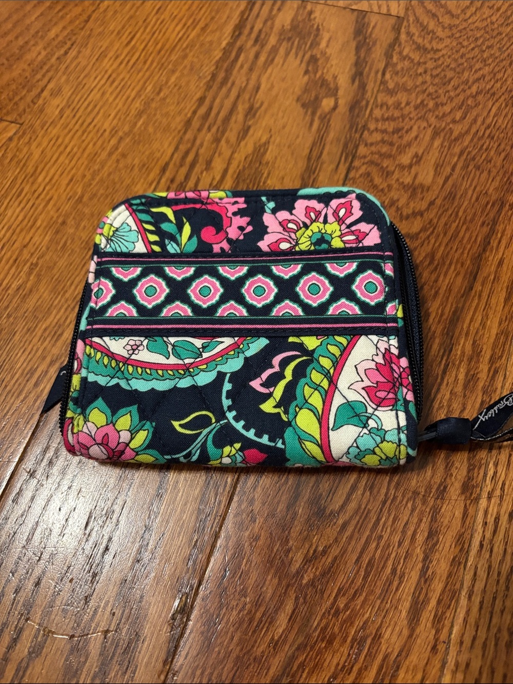 Vera Bradley Black Quilted Floral Zip Wallet with Pink & Teal Accents